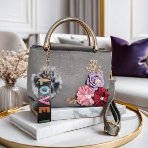 Top Handle Small Purse with Three Flowers (Grey)