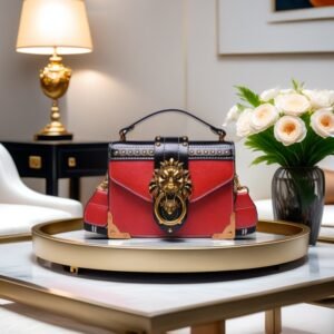 Versatile shoulder Purse, with Golden-tone Lion Head , black and white strap. (Red)