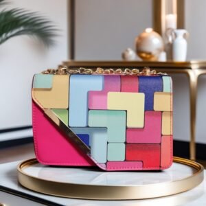 Royal Block Colors Handbag with chain strap, fashionable women’s handbag(Pink)
