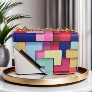 Royal Block Colors Handbag with chain strap, fashionable women’s handbag.  (White)