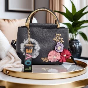 Top Handle Small Purse with Three Flowers (Black)