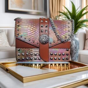 Rivet Embellished Crossbody Handbag with Magnetic Closure(Brown)
